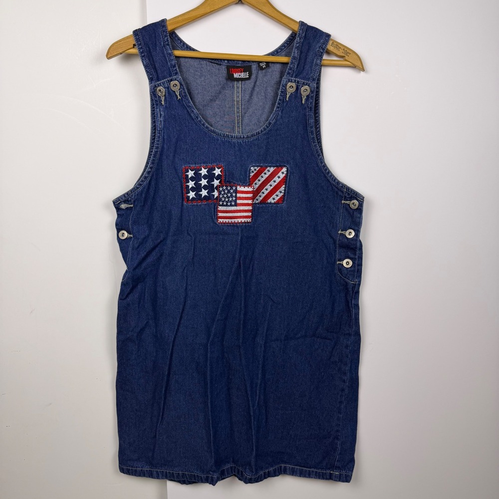 Lindsey Michelle Vintage Denim Overall Dress American Flag Patch Blue Medium